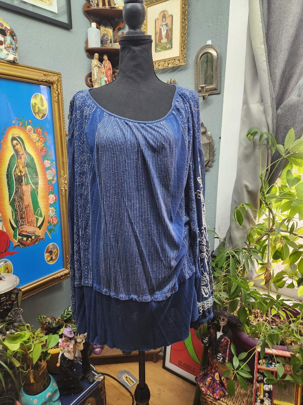 Free People Indigo Blue Mixed-Texture Boho Tunic Top